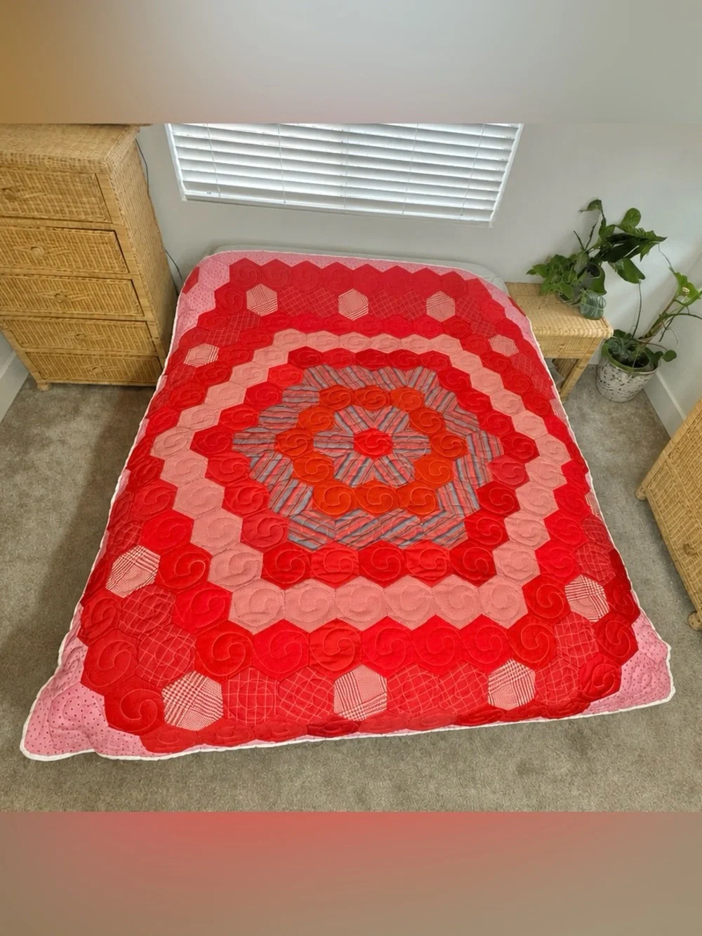 Vtg Rose Hexagon Quilted Bedspread